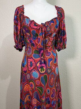 FARM RIO Sz XS ‘Lisa’ Dress Red Pink Psychedelic Print Puff Sleeve Midi Bodycon